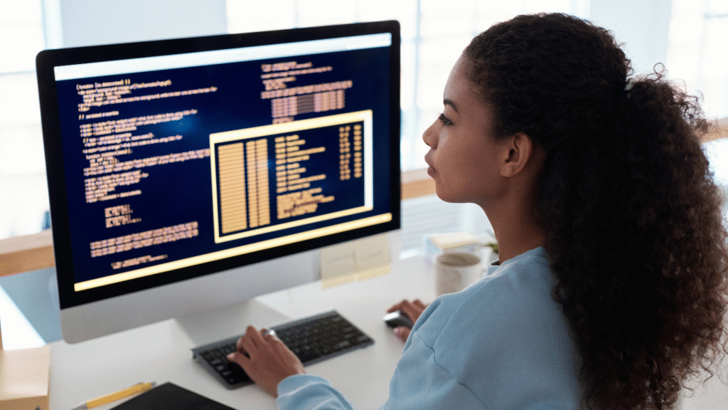 girl sitting in front a LED screen while keyword and mouse