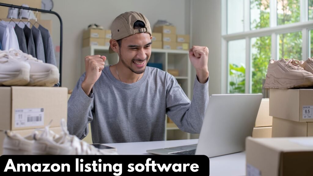 Amazon Listing Software, Man cheering in front of laptop
