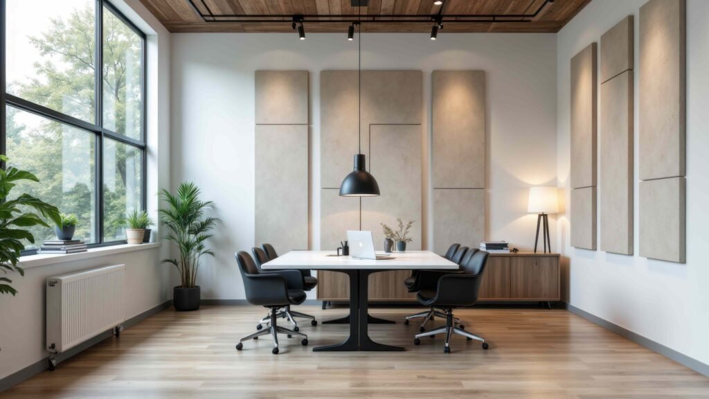 Acoustic Panel Placement Tips for Crystal-Clear Zoom Calls office view table lamp and hanging light