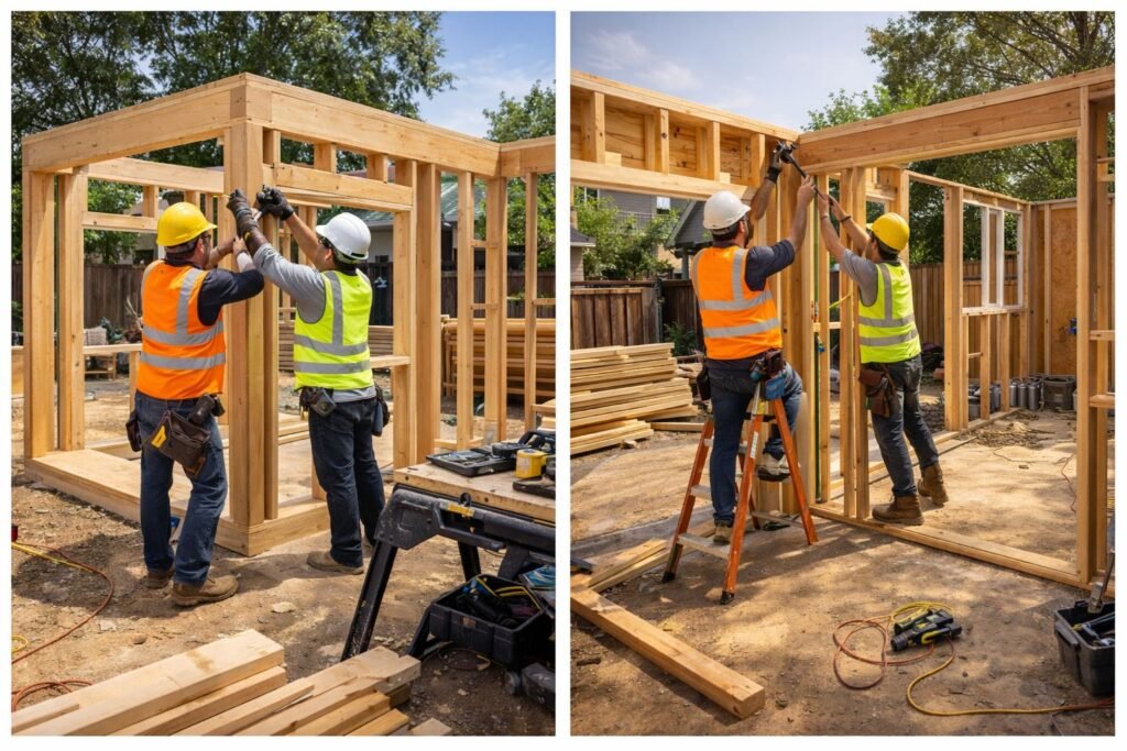 Few men's are doing construction work of wooden home.