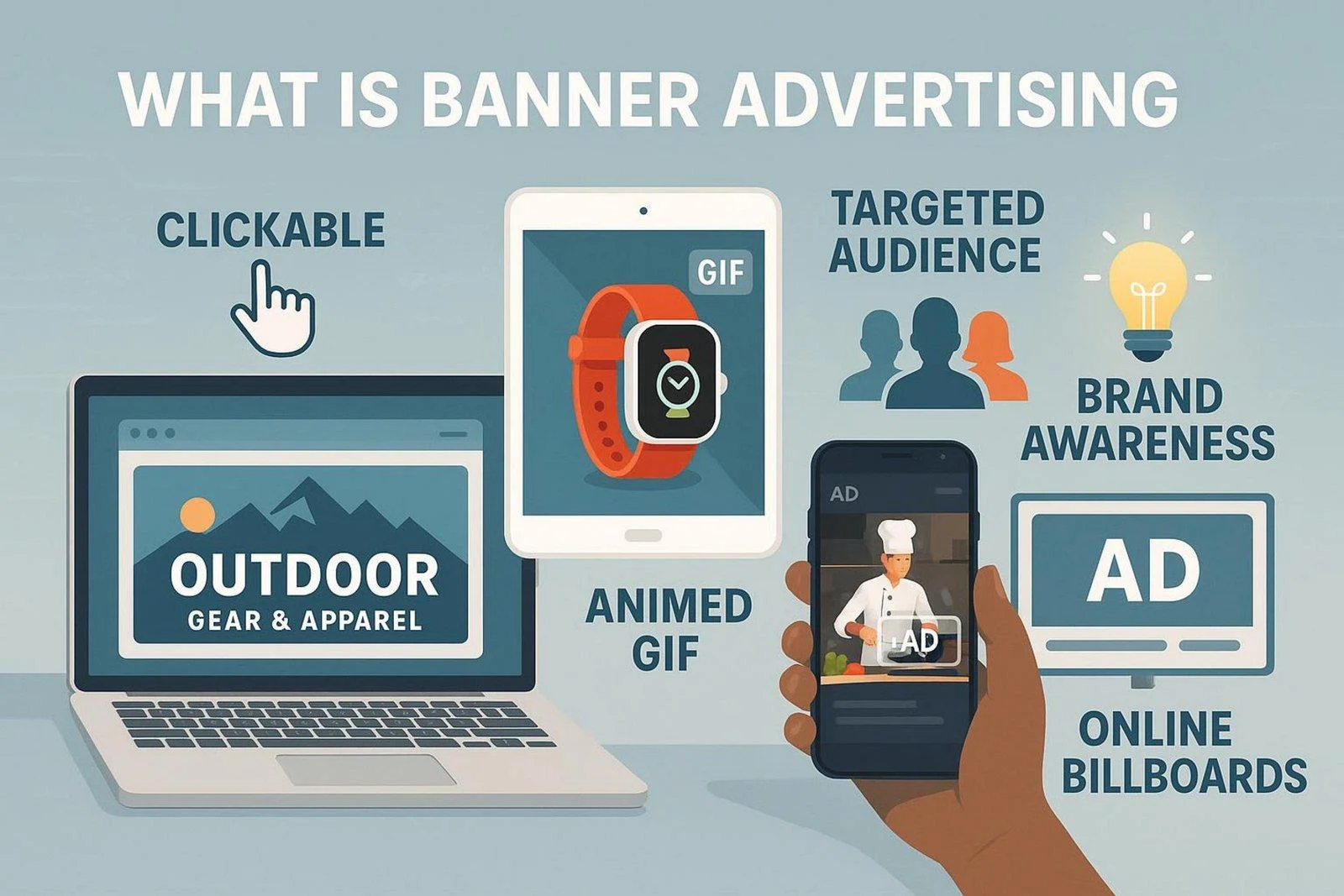 How to Boost Your Brand With a Leading Banner Advertising Agency Banner Advertising with Ai combination of Mobile, tab & laptop and ADs related things