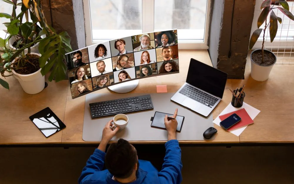 Computer Desktop having LED screen and Laptop on it. The Man sitting on front of these items